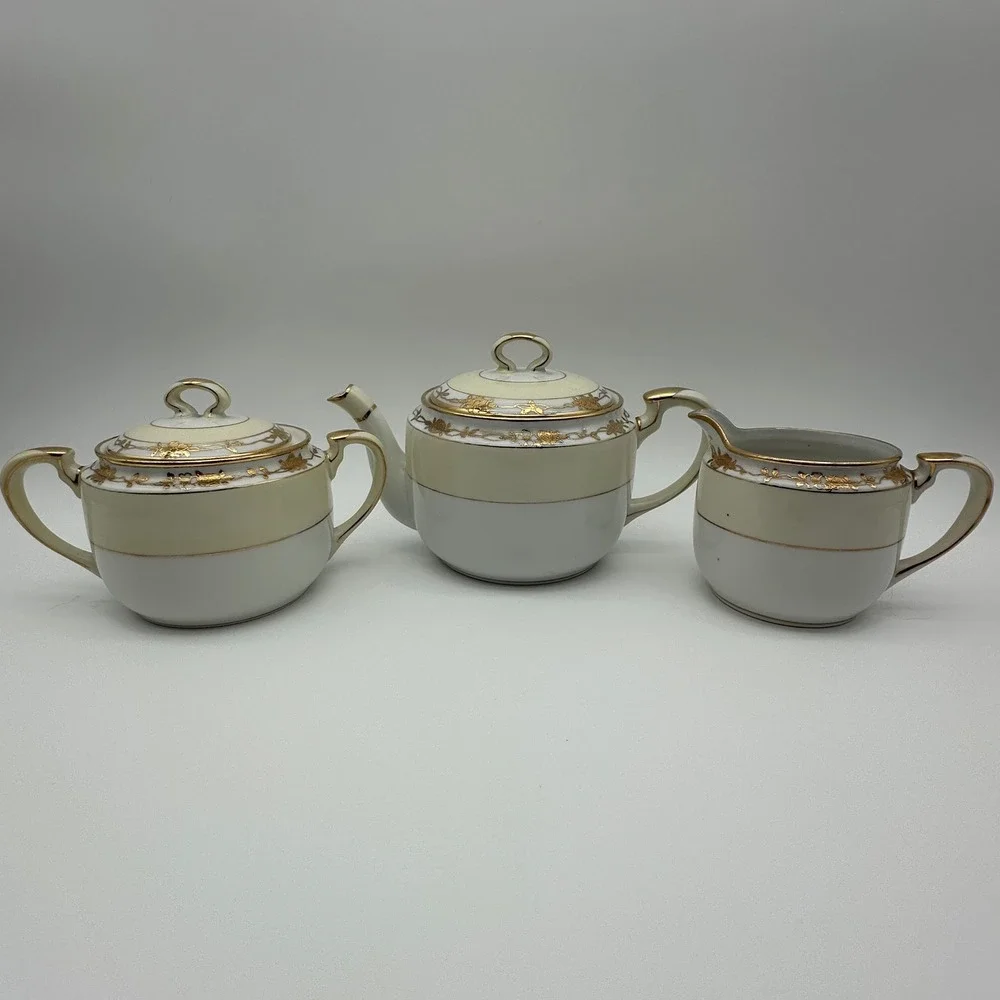 Antique Nippon Hand Painted Tea Set Gold Moriage Floral Teapot Sugar Creamer 3pc